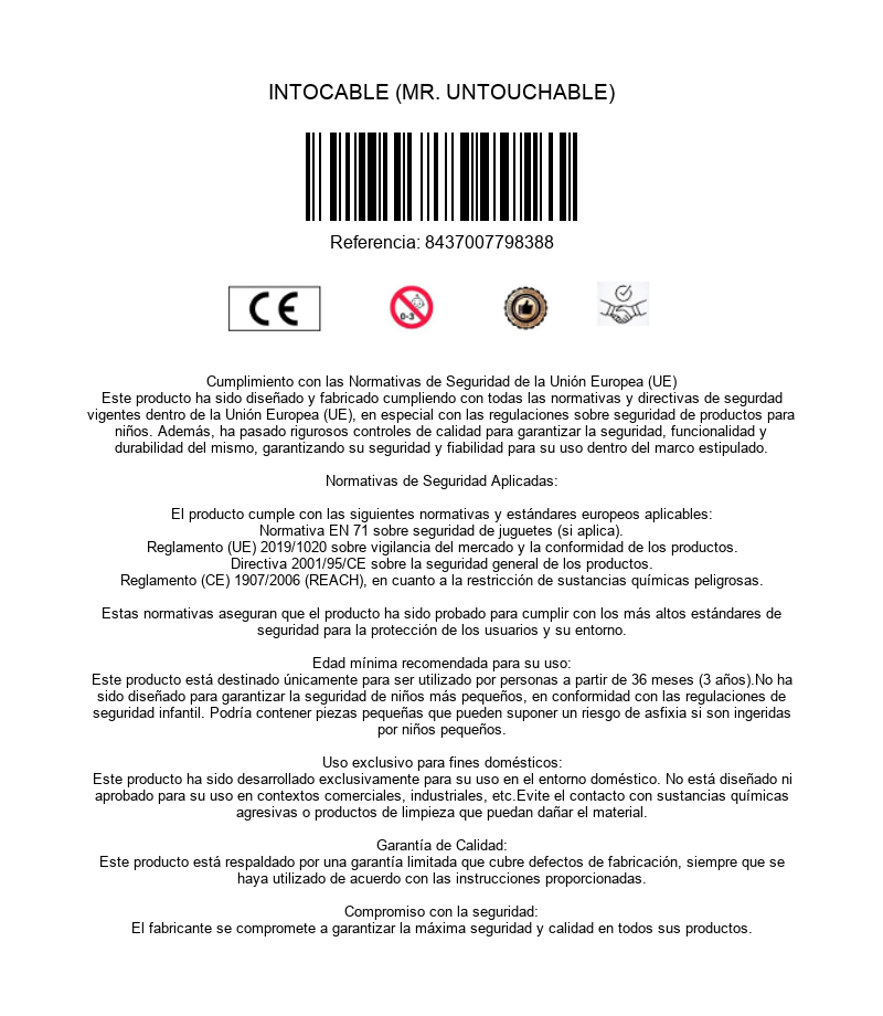 Hoja de información de producto con marca CE, código de barras y texto legal.