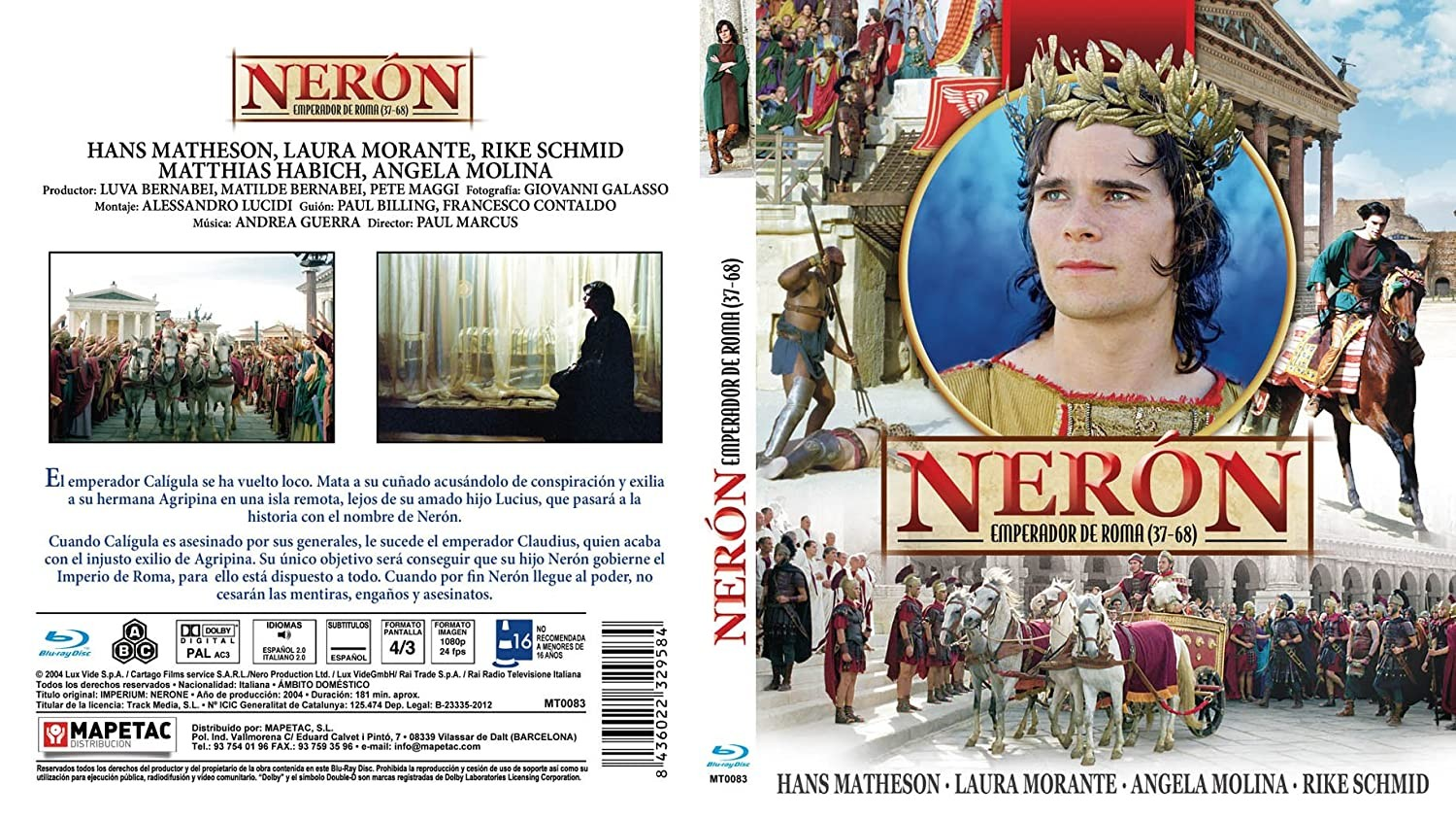 Carátula de la película Nerón con un retrato de personaje, soldados romanos, caballos y edificios antiguos.