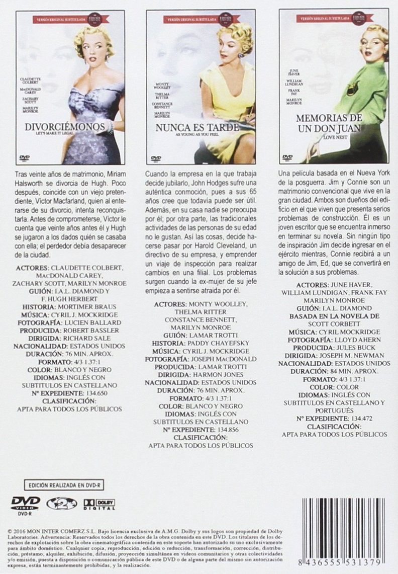 Contraportada de DVD con tres carteles de películas de Marilyn Monroe y texto en español.