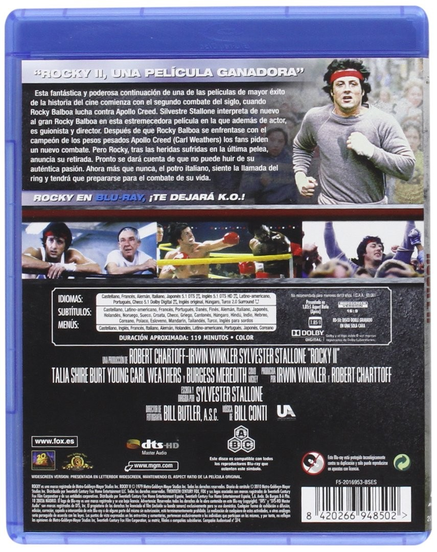 Parte trasera de una caja de Blu-ray de Rocky II con fotogramas, sinopsis y detalles del reparto.
