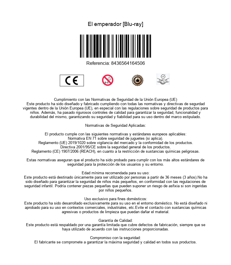 Hoja de información de producto con código de barras, marca CE y texto de seguridad.