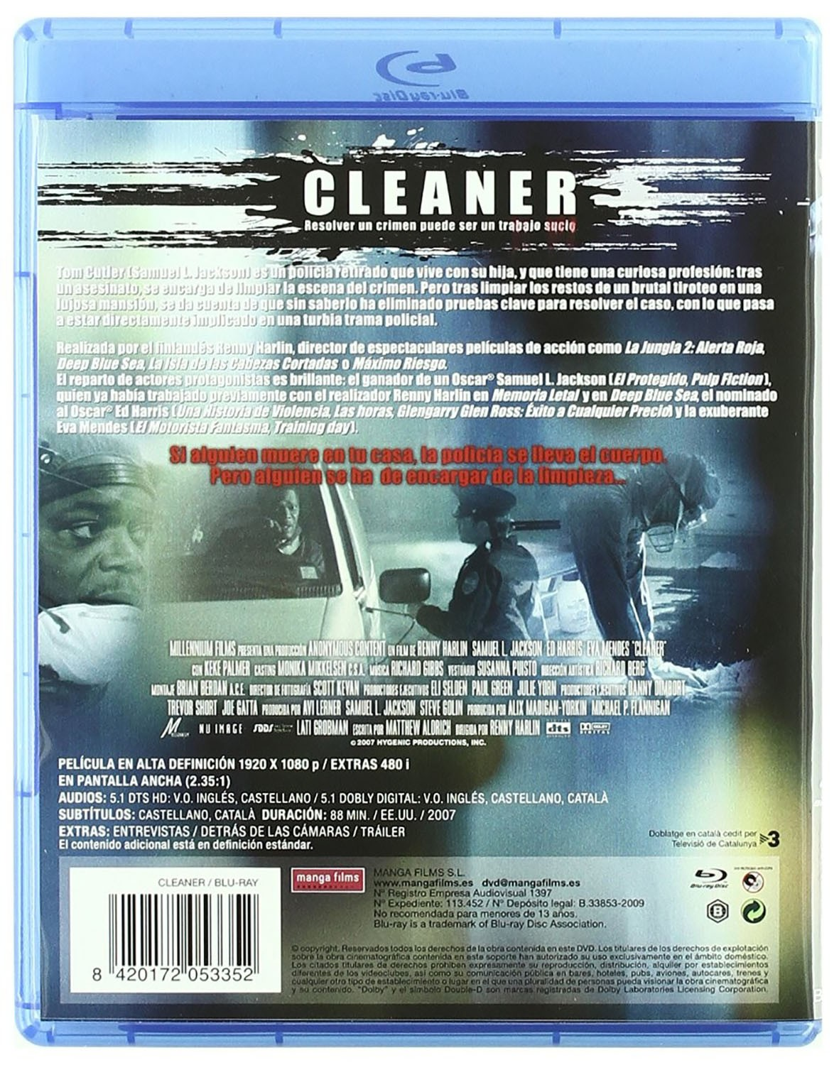 Contraportada del estuche de Blu-ray Cleaner con sinopsis, imágenes y créditos.
