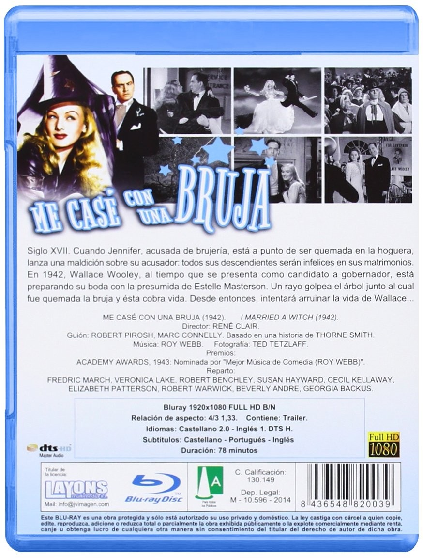 Contraportada del Blu-ray de Me casé con una bruja, con fotos de escenas, sinopsis y detalles técnicos.