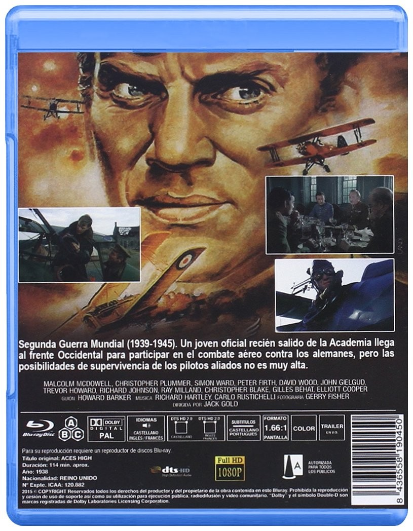 Contraportada de Blu-ray con cara de hombre, aviones, fotogramas, reparto y sinopsis.