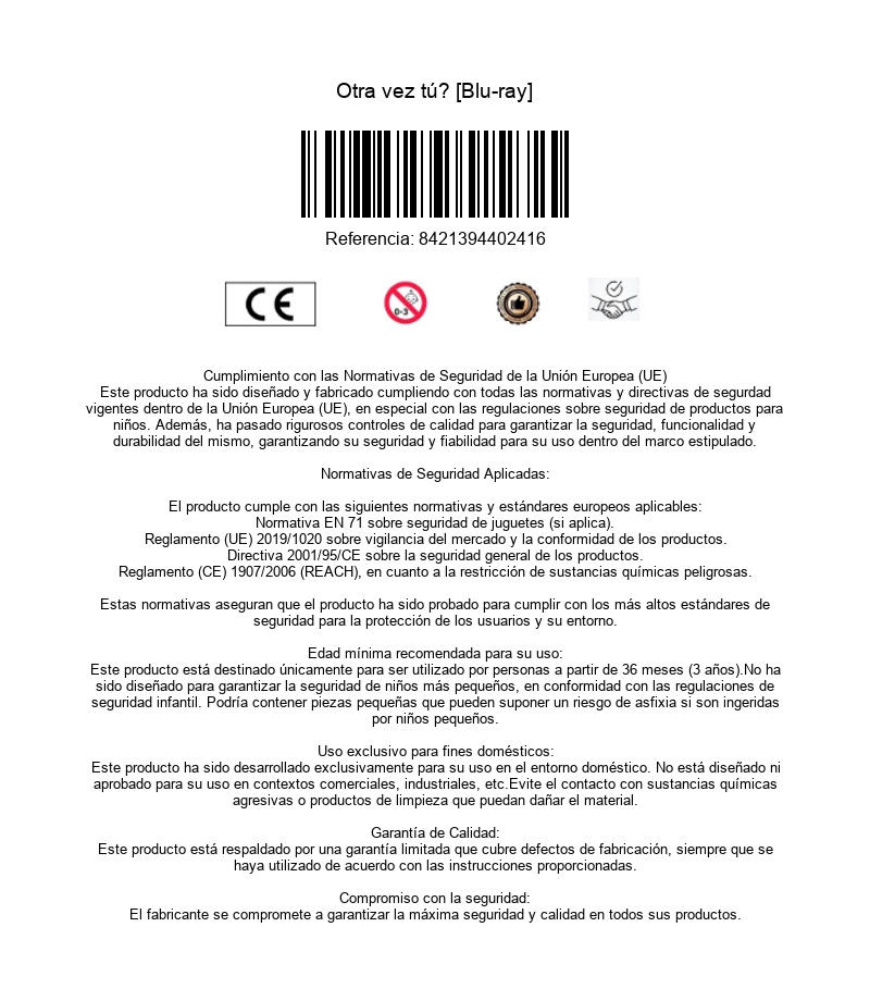 Hoja de información de producto con código de barras, marcado CE y texto de cumplimiento de seguridad.