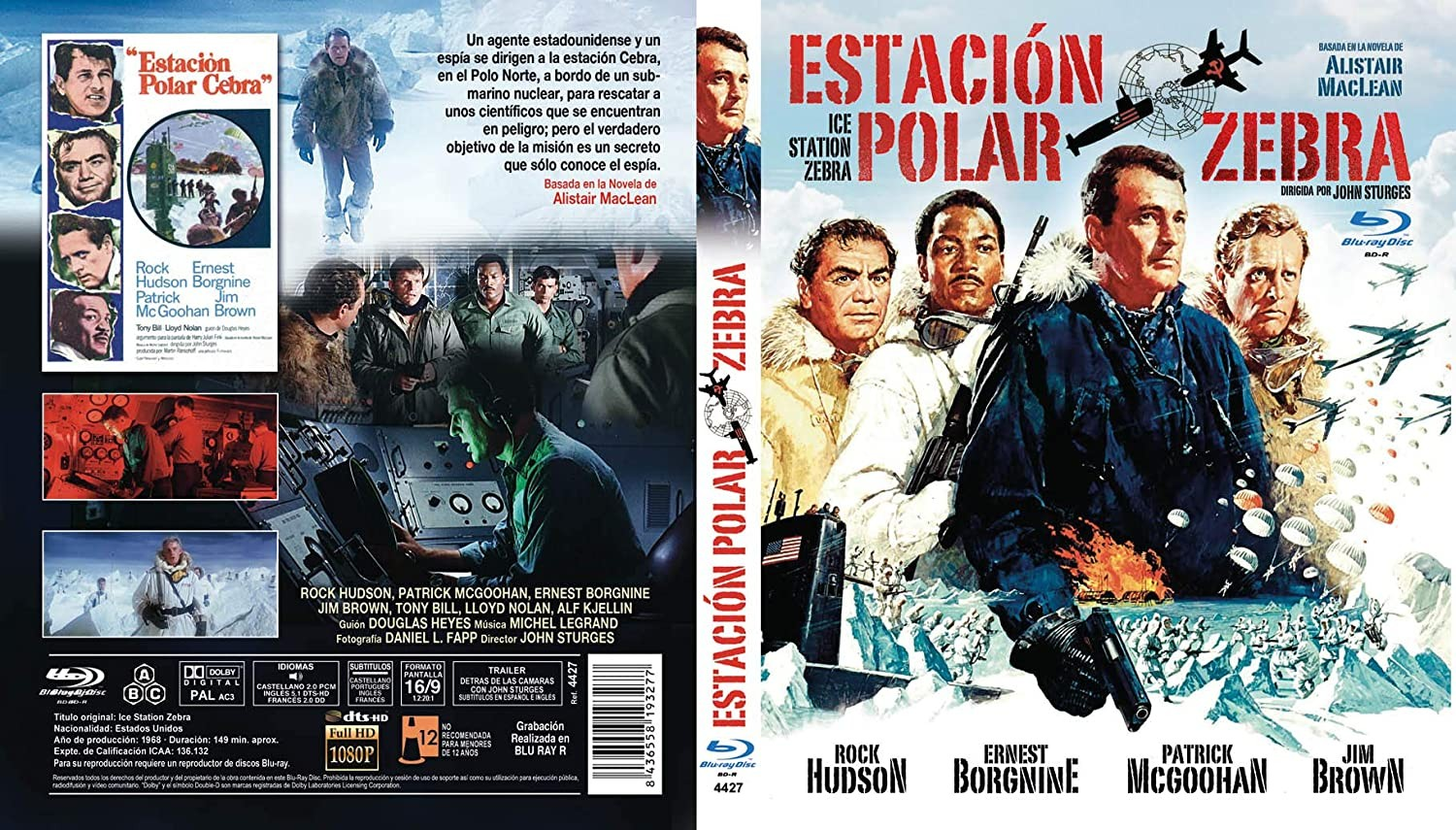 Carátula de Blu-ray de Estación Polar Zebra con retratos del reparto, escenas de submarinos y título en rojo.