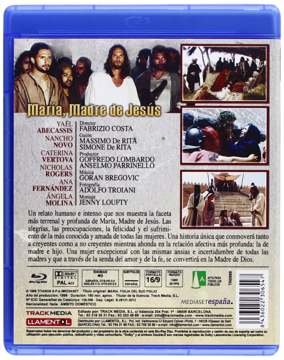 Contraportada de un Blu-ray de María, Madre de Jesús con fotogramas, reparto, equipo y sinopsis.