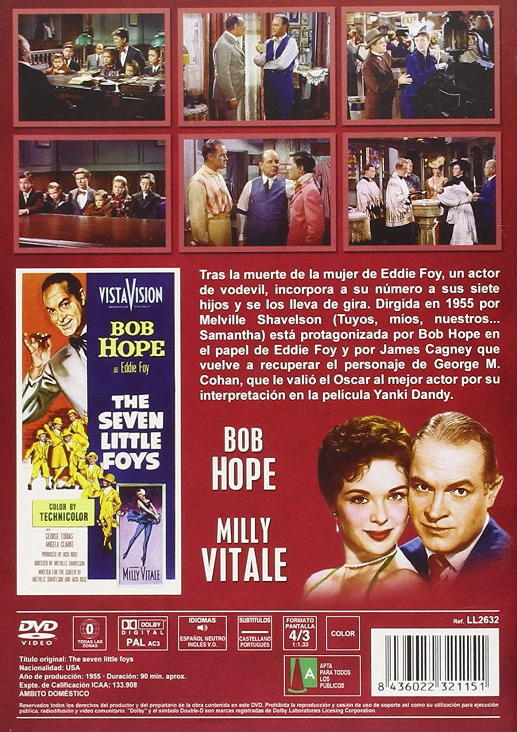 Contraportada del DVD 'The Seven Little Foys' con Bob Hope, fotogramas, texto y código de barras en fondo rojo.