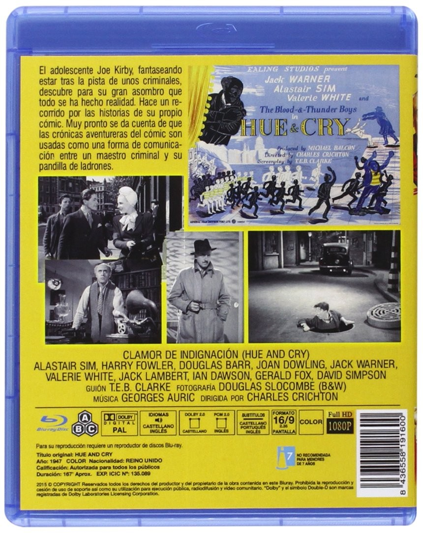 Caja de Blu-ray azul con contraportada amarilla, fotogramas de la película y código de barras.