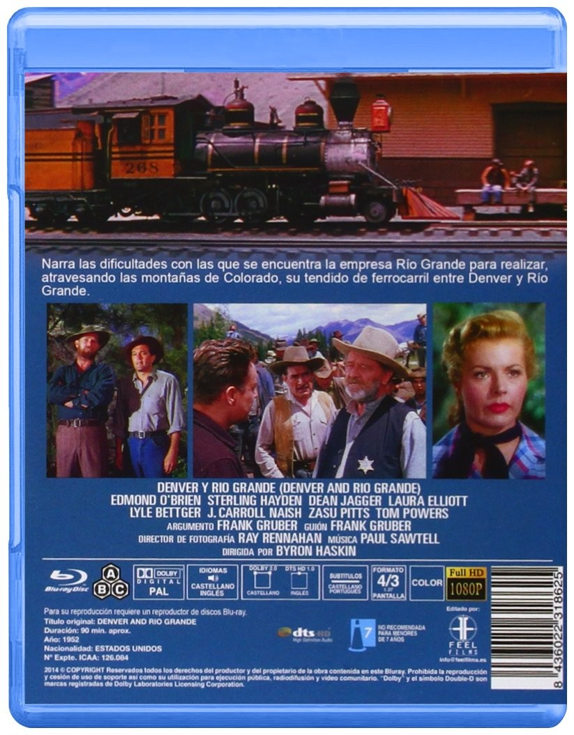 Parte trasera de una funda de Blu-ray con un tren antiguo, escenas de la película y detalles del reparto.