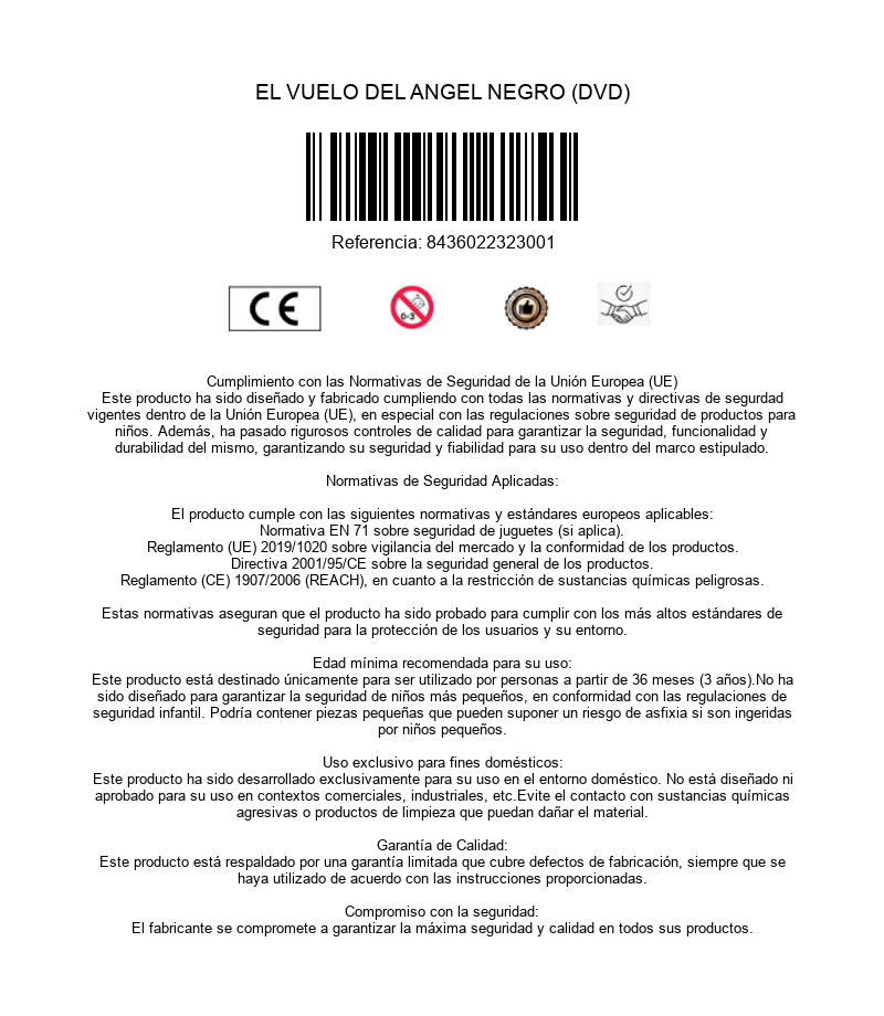Parte trasera de DVD con código de barras, número de referencia, marcado CE, iconos y texto de cumplimiento.