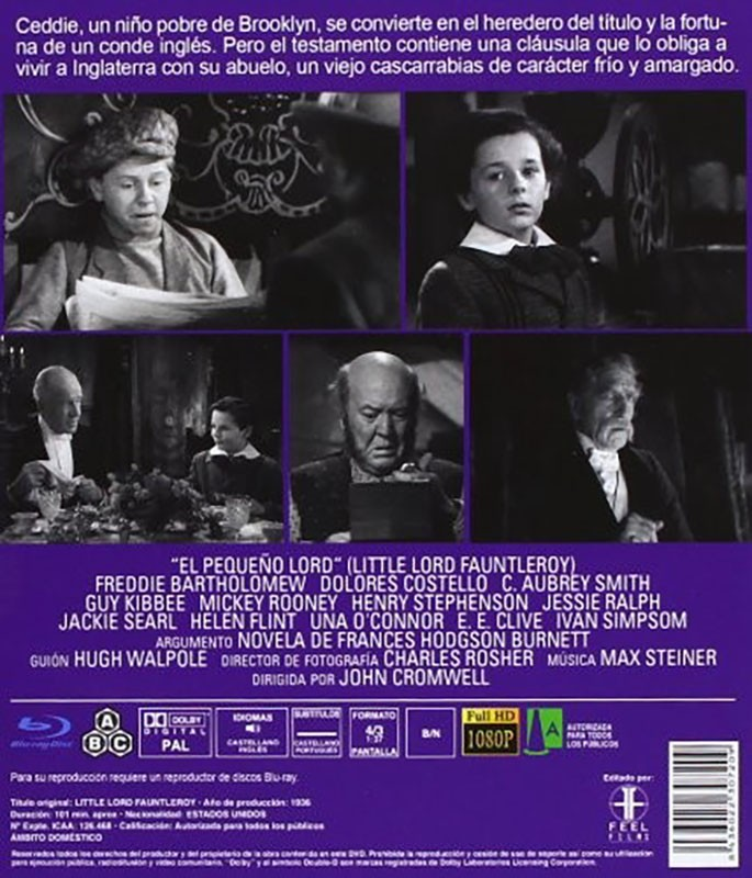 Contraportada de la película de 1936 'El pequeño lord' con escenas en blanco y negro y texto.