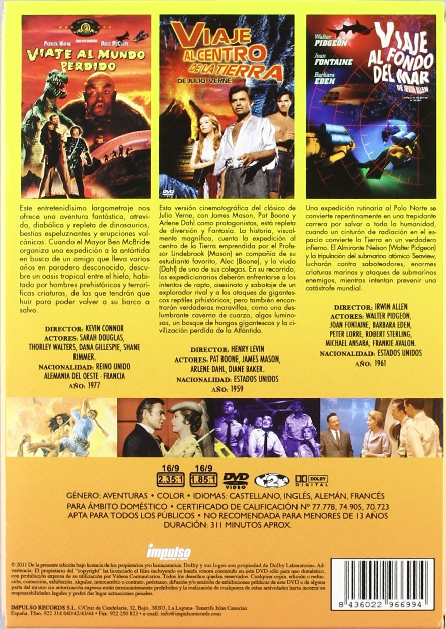 Contraportada de DVD con carteles de películas, texto descriptivo y detalles técnicos sobre fondo amarillo.