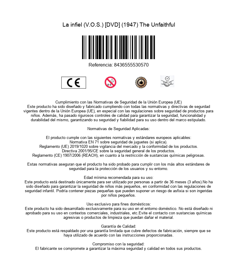 Hoja de información de seguridad de DVD con código de barras, marca CE y texto.