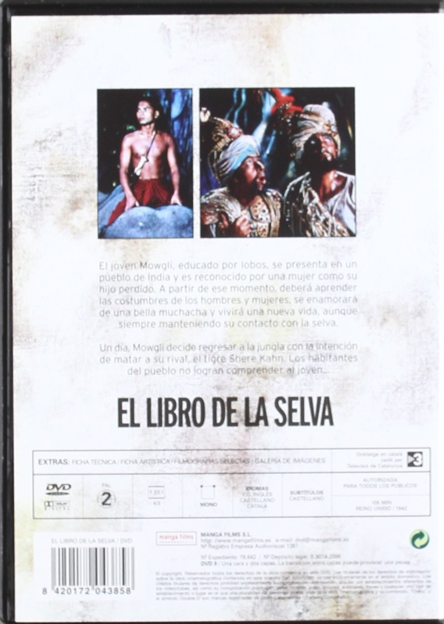 Contraportada del DVD de El libro de la selva con dos imágenes, texto en español y código de barras.