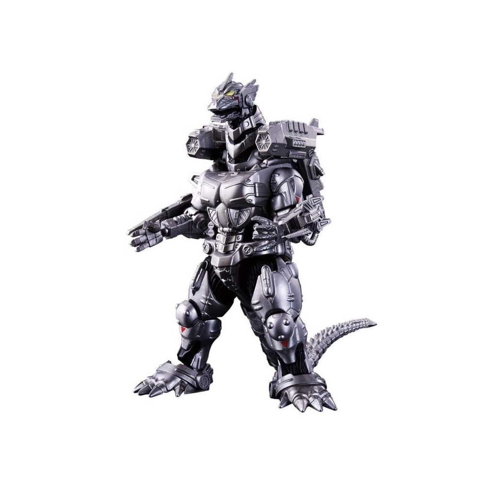 Szczegółowa srebrna figurka akcji Mechagodzilla na białym tle.
