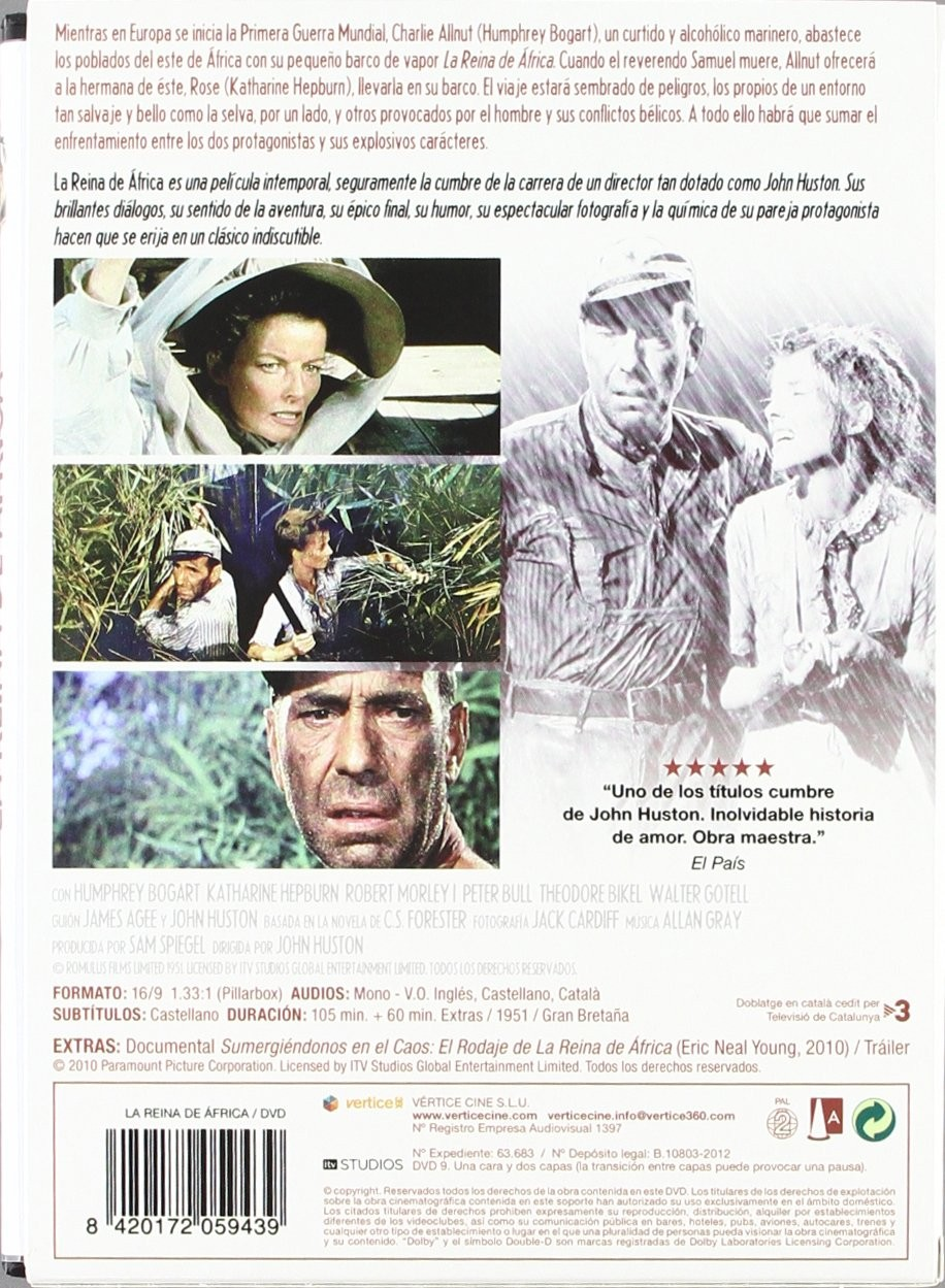 Contraportada del DVD La Reina de África con imágenes de Humphrey Bogart y Katharine Hepburn.