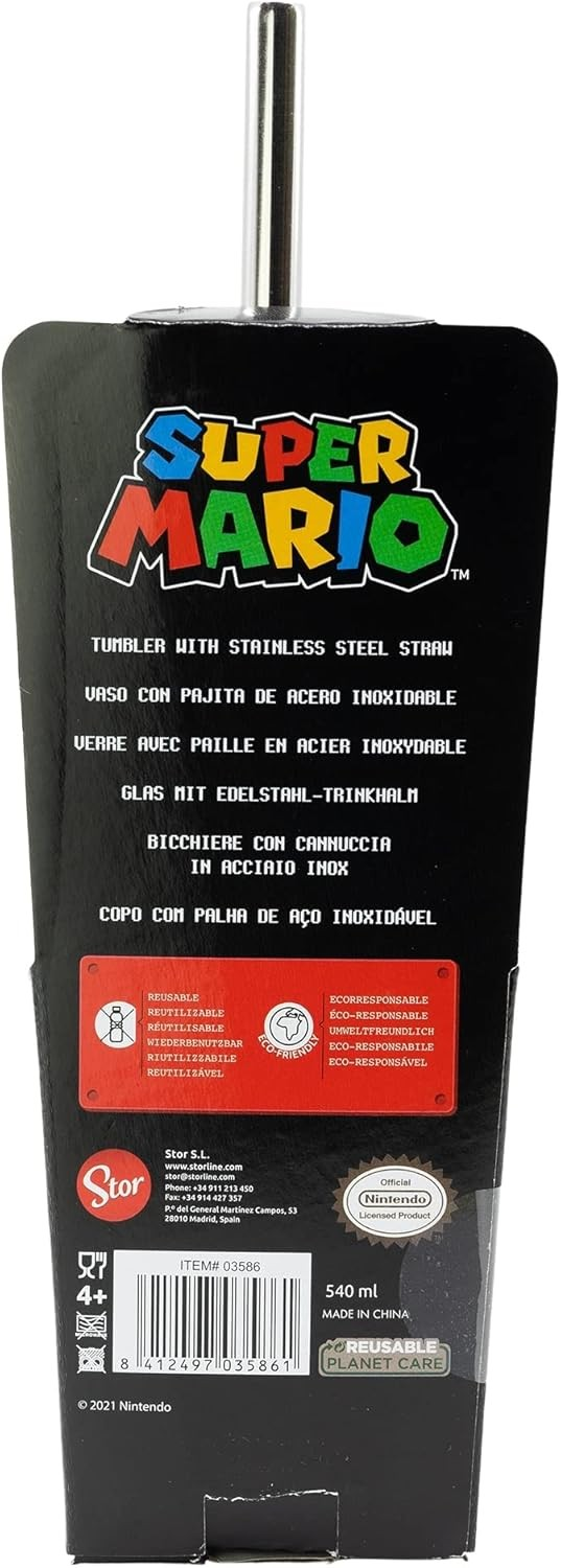 Empaque de vaso Super Mario con pajita de acero inoxidable, texto multilingüe, código de barras y logotipo.