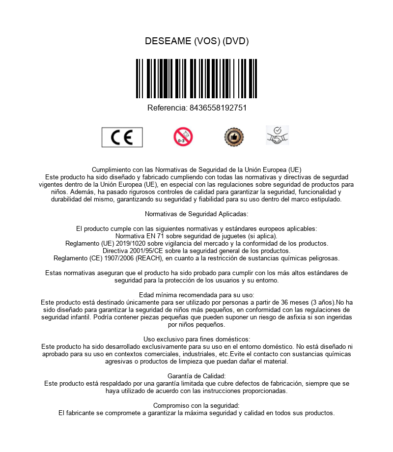 Página de información del producto con código de barras, marca CE y texto de seguridad.