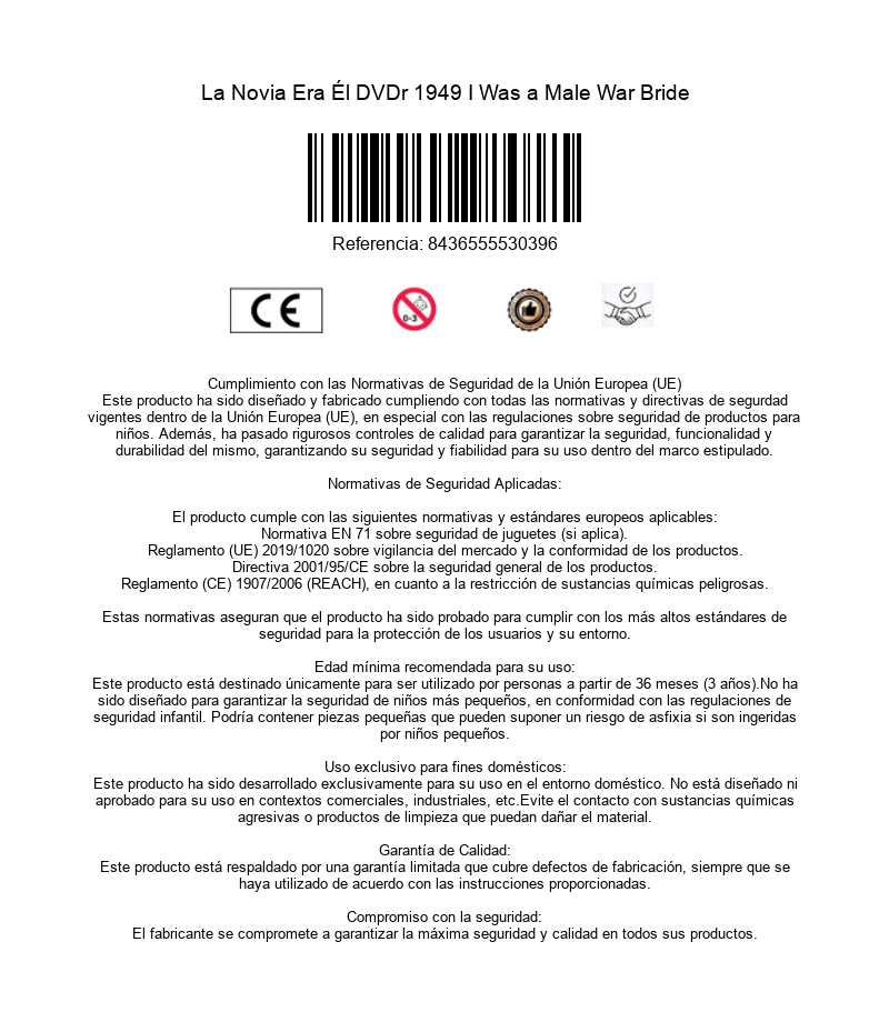 Información del producto con marca CE, código de barras y texto sobre normas de seguridad de la UE.