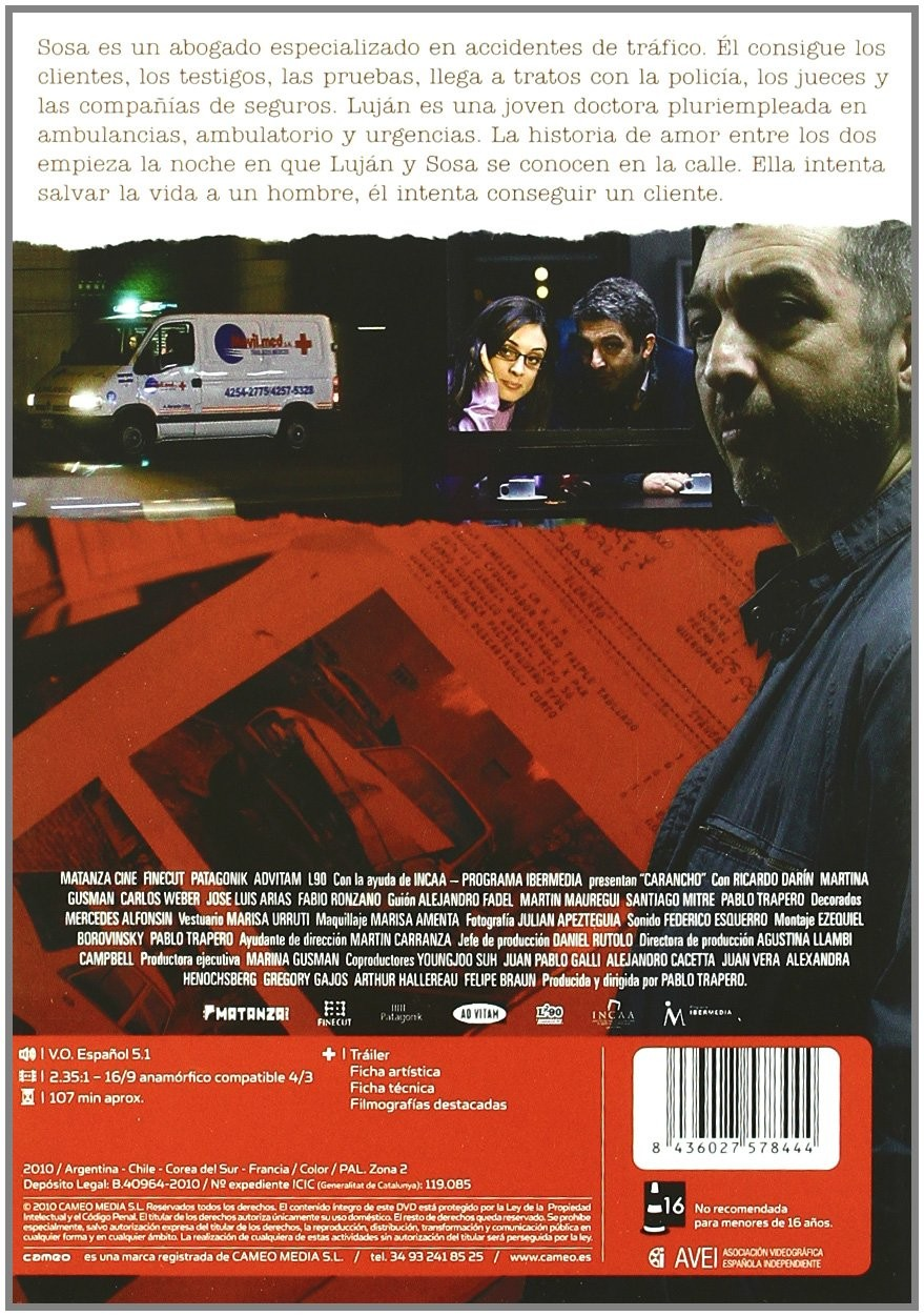 Carátula del DVD de la película Carancho, con el rostro de un hombre, una ambulancia y texto en español.