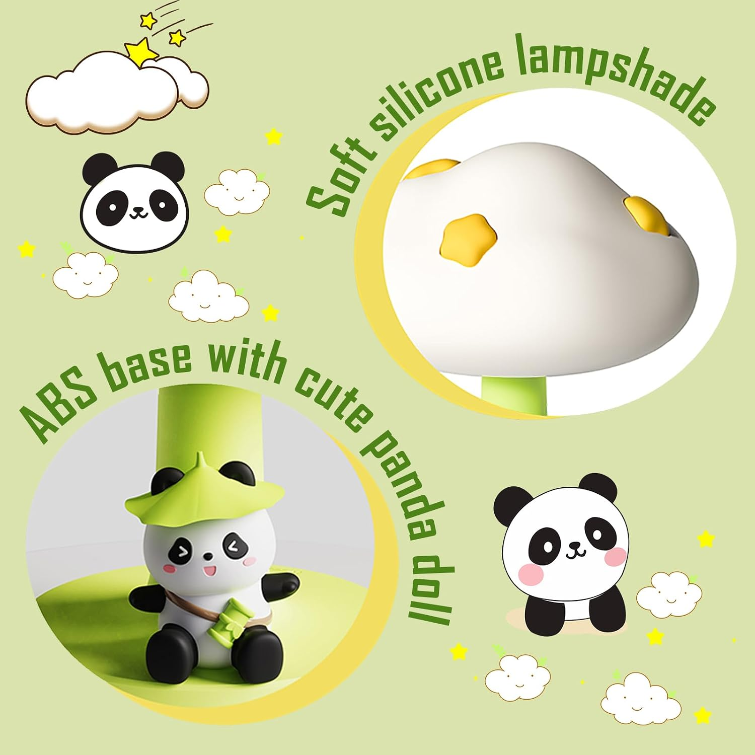 Produktwerbung für eine Panda-Nachtlampe mit Silikon-Lampenschirm und ABS-Sockel auf grünem Hintergrund.