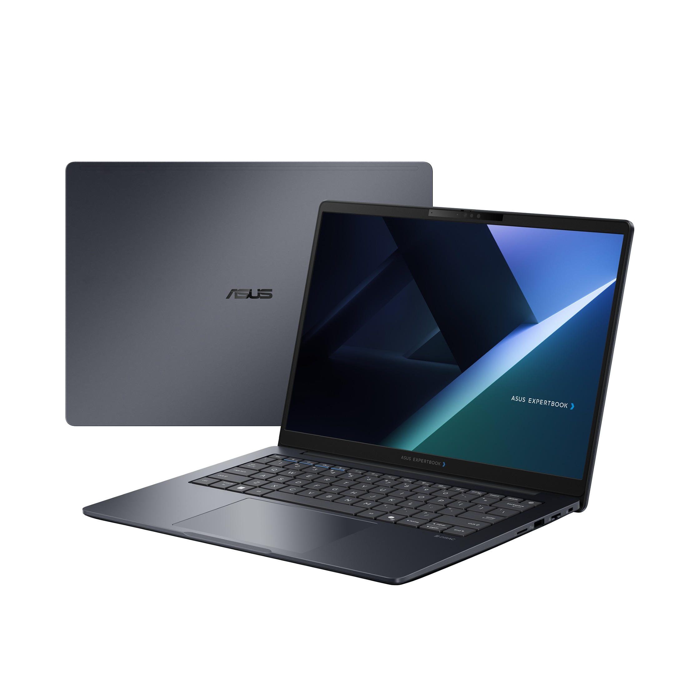Dunkelgrauer ASUS ExpertBook Laptop, geöffnet und im Hintergrund geschlossen, vor weißem Hintergrund.