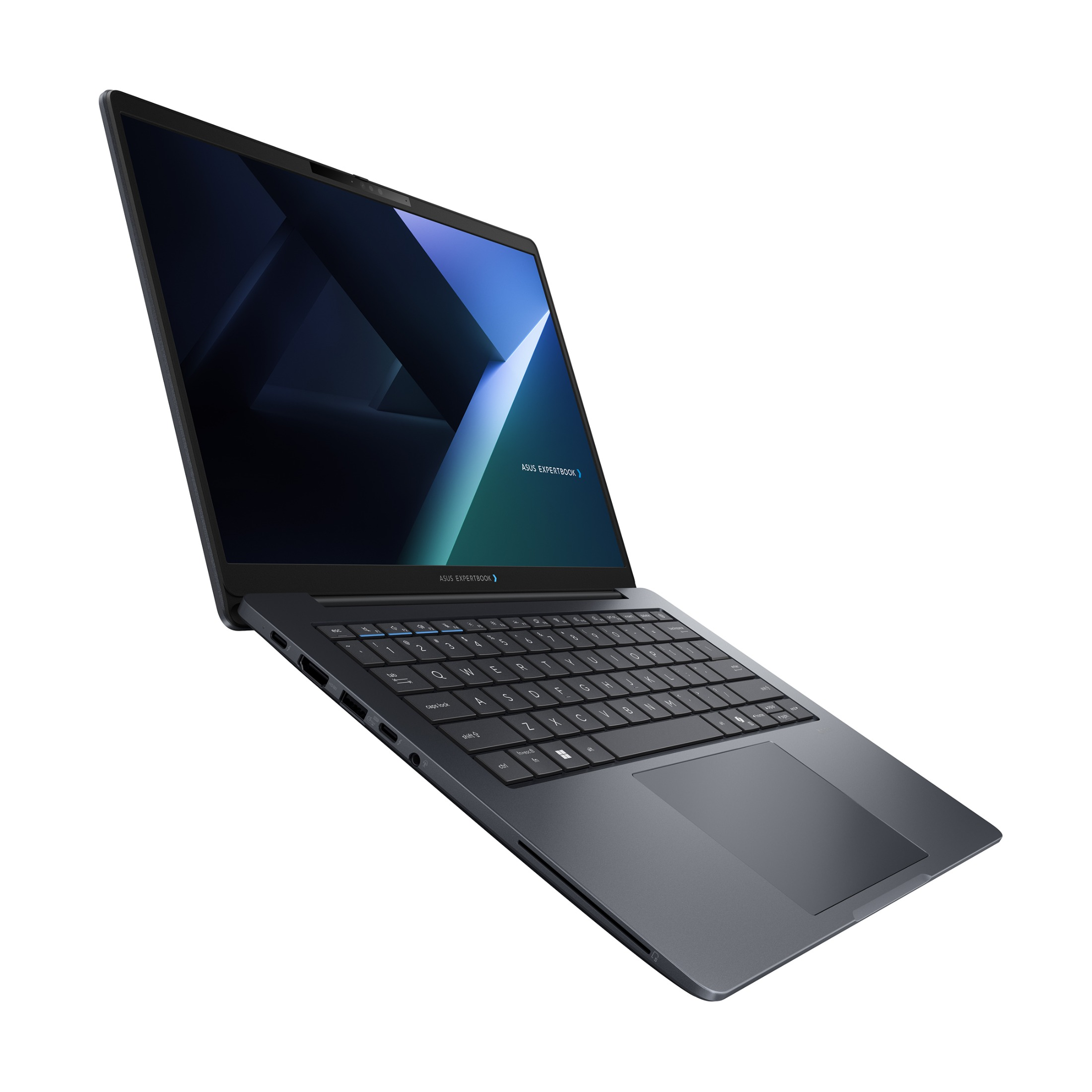 Ein elegantes, dunkelgraues Asus ExpertBook Laptop ist auf weißem Hintergrund leicht geöffnet und zeigt ein blaues abstraktes Hintergrundbild.