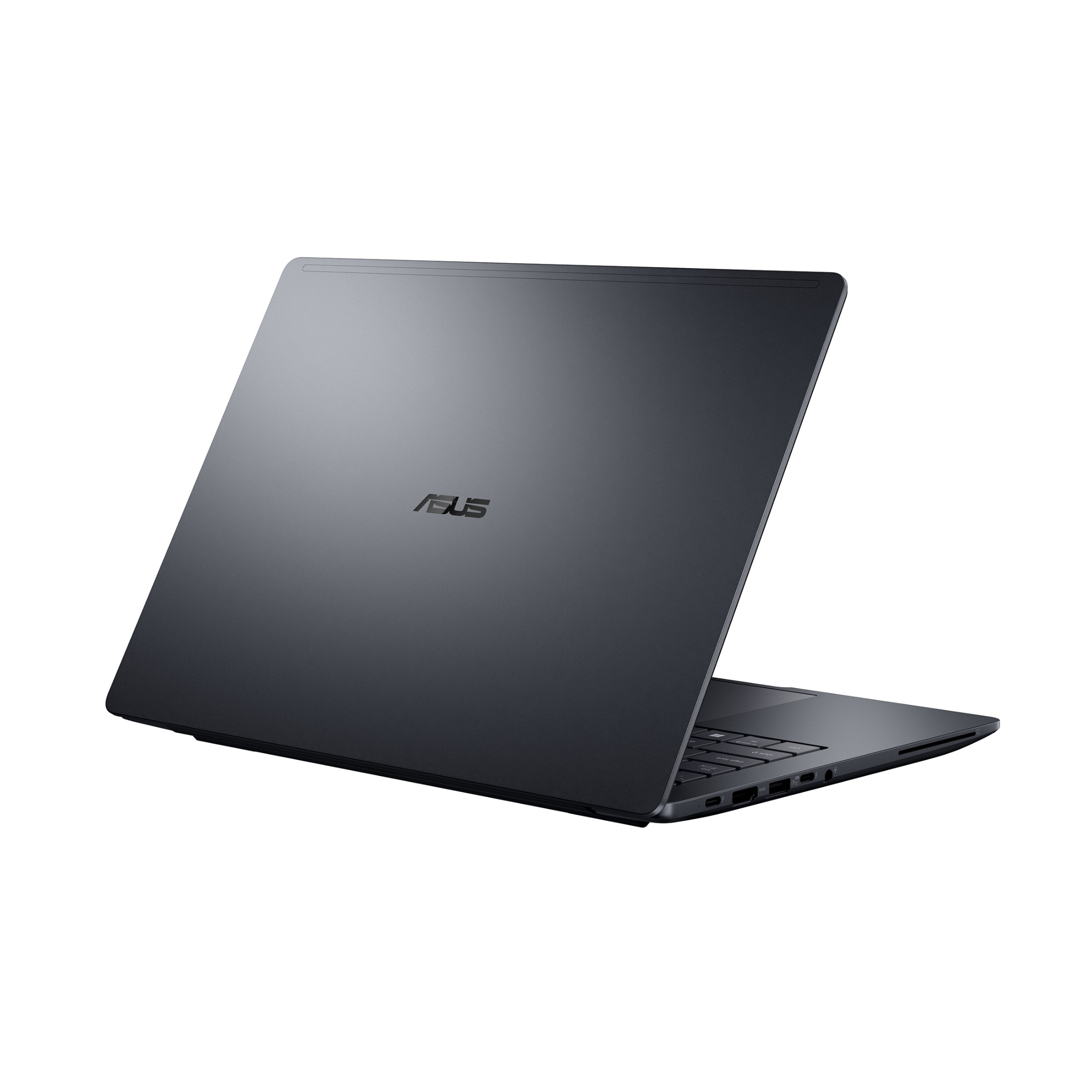 Ein grauer Asus-Laptop steht auf einer weißen Oberfläche und zeigt die Rückseite mit dem Logo.
