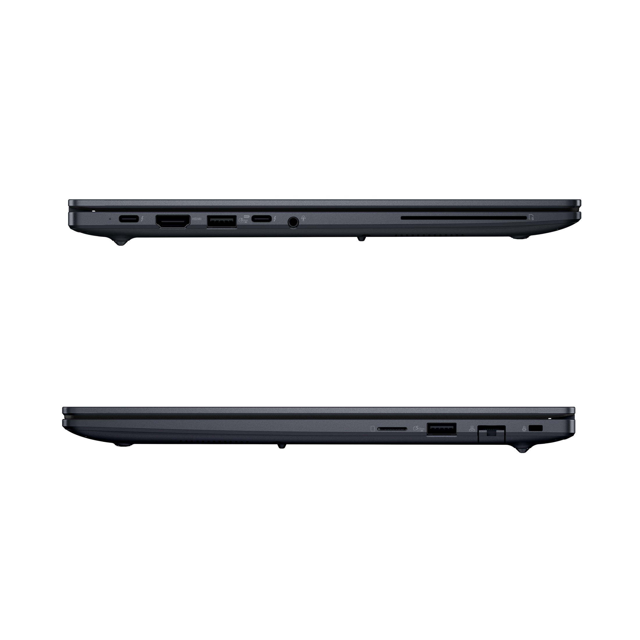 Seitenansichten eines dunklen Laptops mit verschiedenen Anschlüssen auf einer weißen Oberfläche.