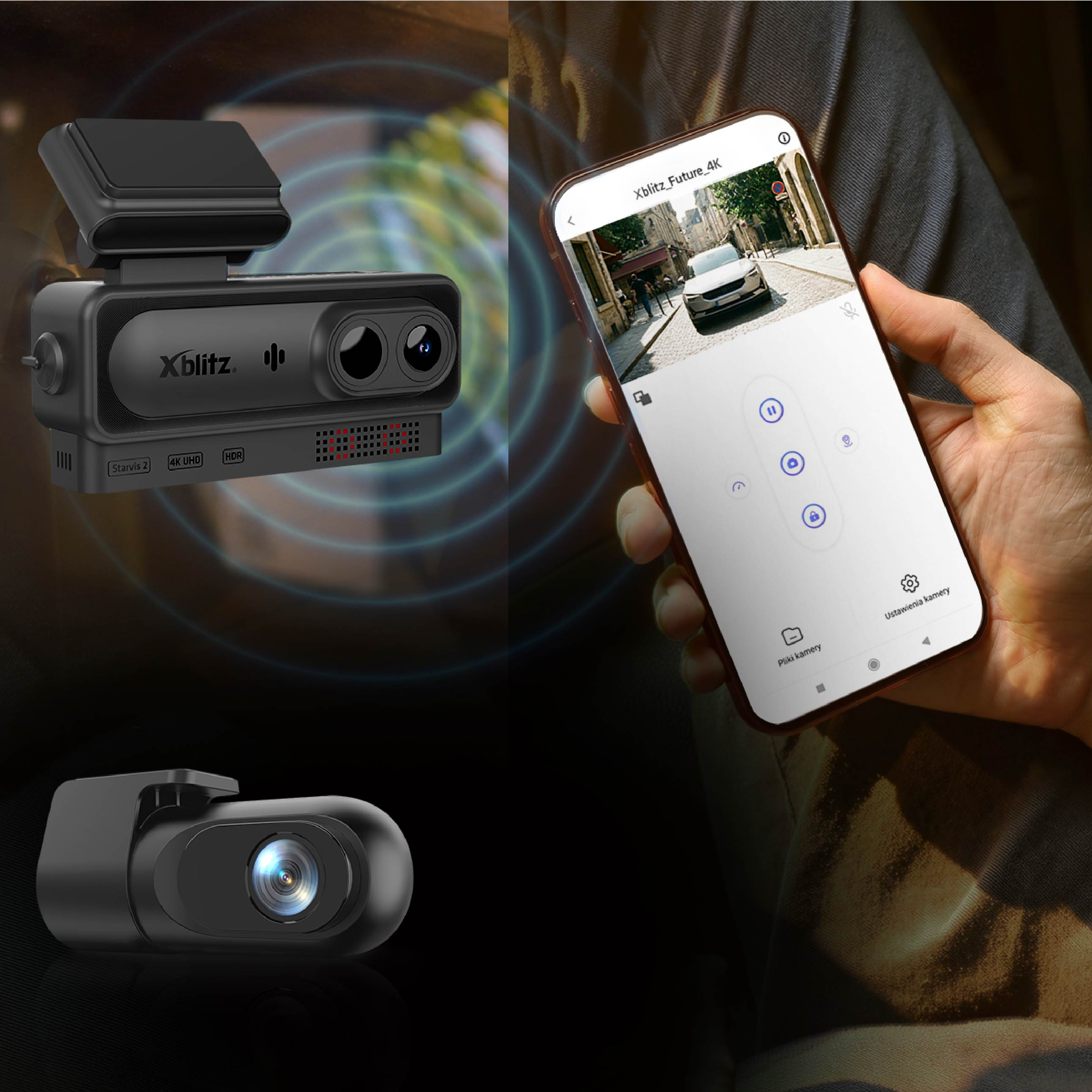 Eine schwarze Xblitz-Dashcam und ein Smartphone mit der Live-Ansicht-App.