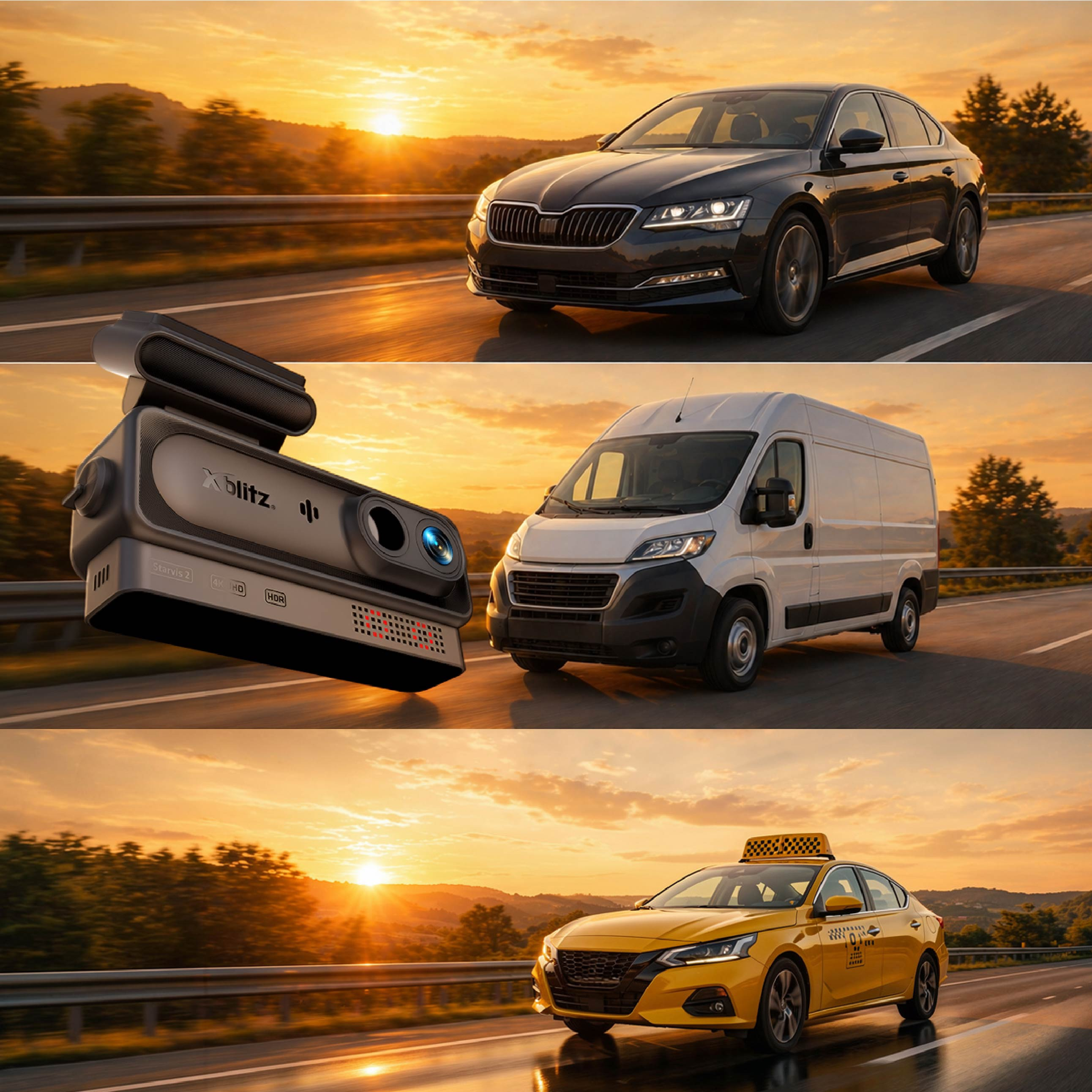 Xblitz Dashcam und Autos im Sonnenuntergang auf der Straße.