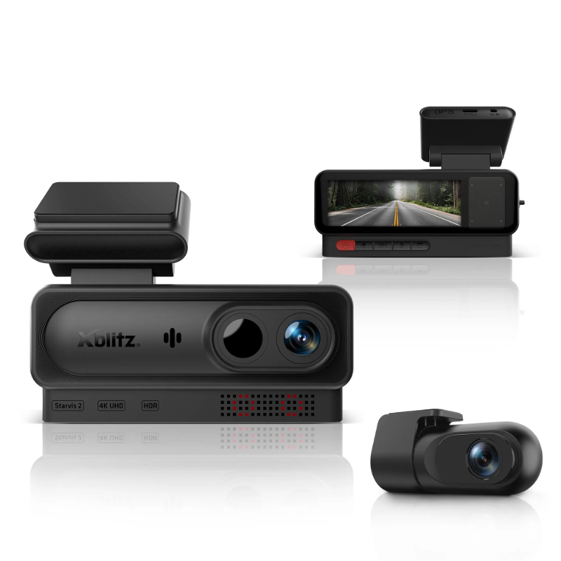 Drei schwarze Xblitz Dashcams vor weißem Hintergrund, mit Haupteinheit, Rückkamera und Bildschirmansicht.