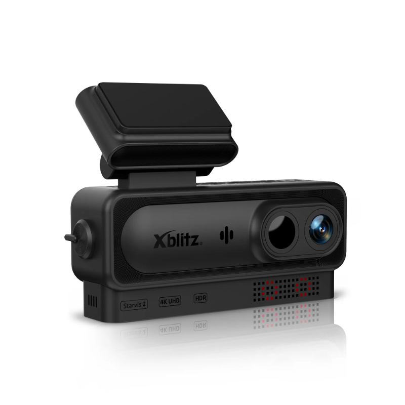 Schwarze Xblitz Dashcam mit Dual-Kamera und GPS-Halterung.