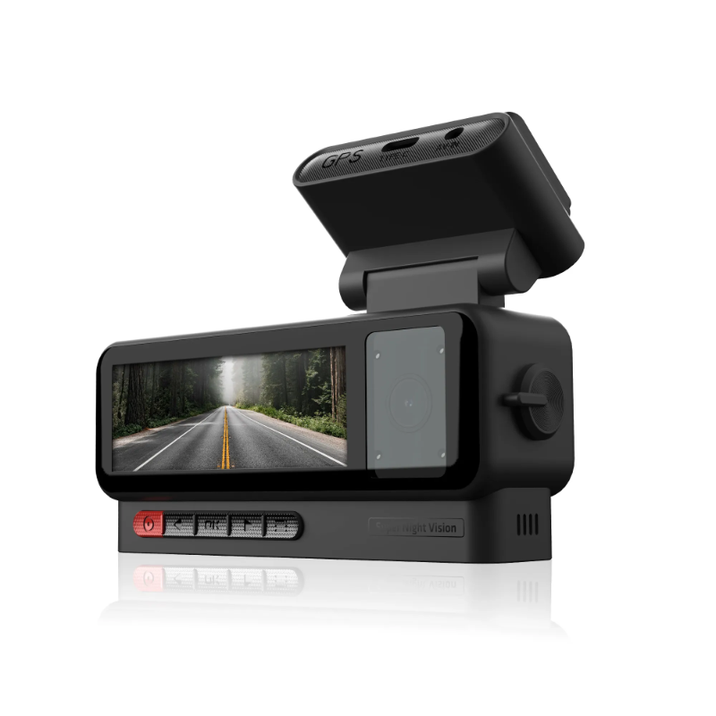 Schwarze Dashcam mit Display zeigt eine Straße und hat Tasten an der Unterseite.