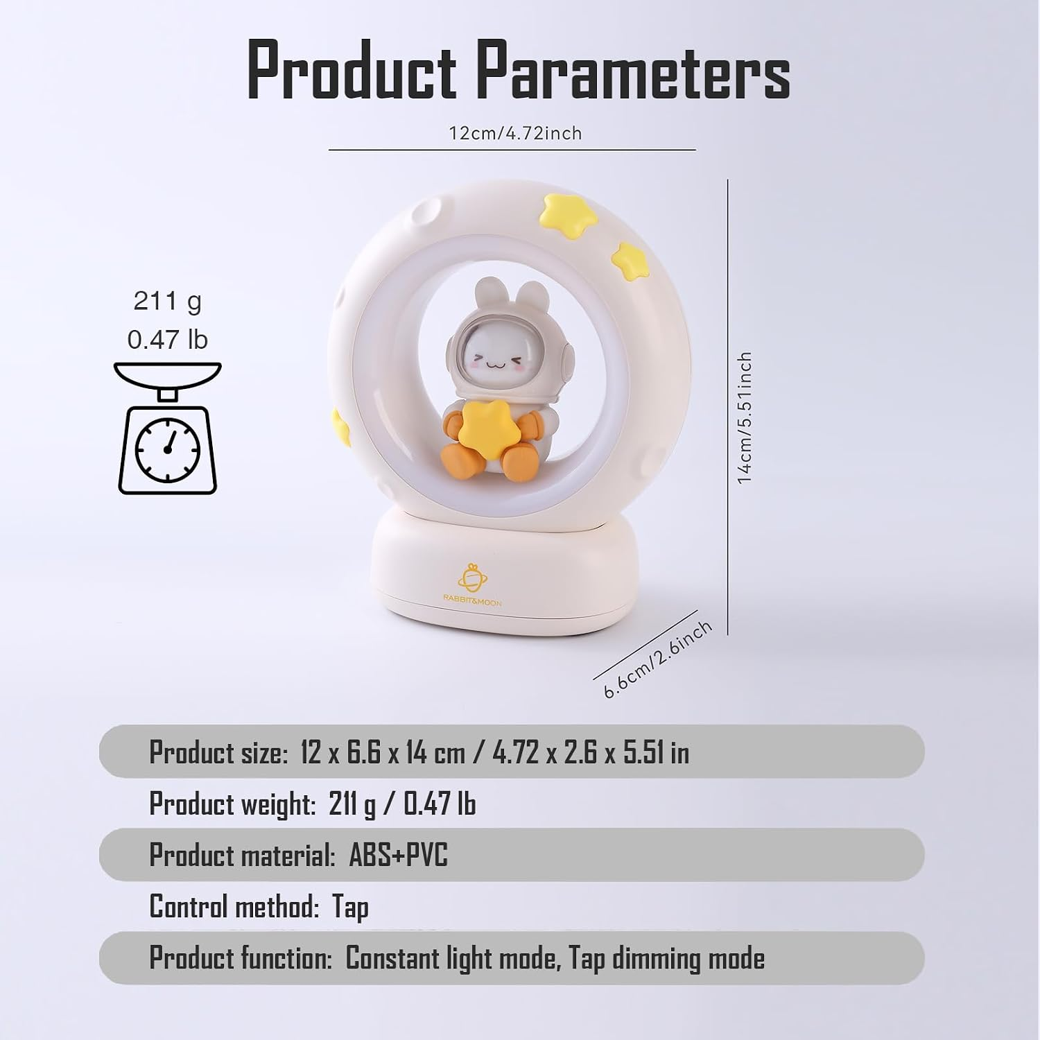 Produktparameter eines runden Nachtlichts mit Astronautenfigur, Maßen, Gewicht und technischen Daten.