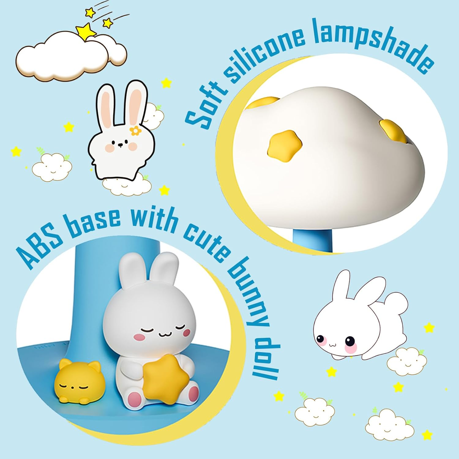 Produktwerbung für eine Hasenlampe mit Silikonschirm auf blauem Hintergrund mit Sternen und Wolken.