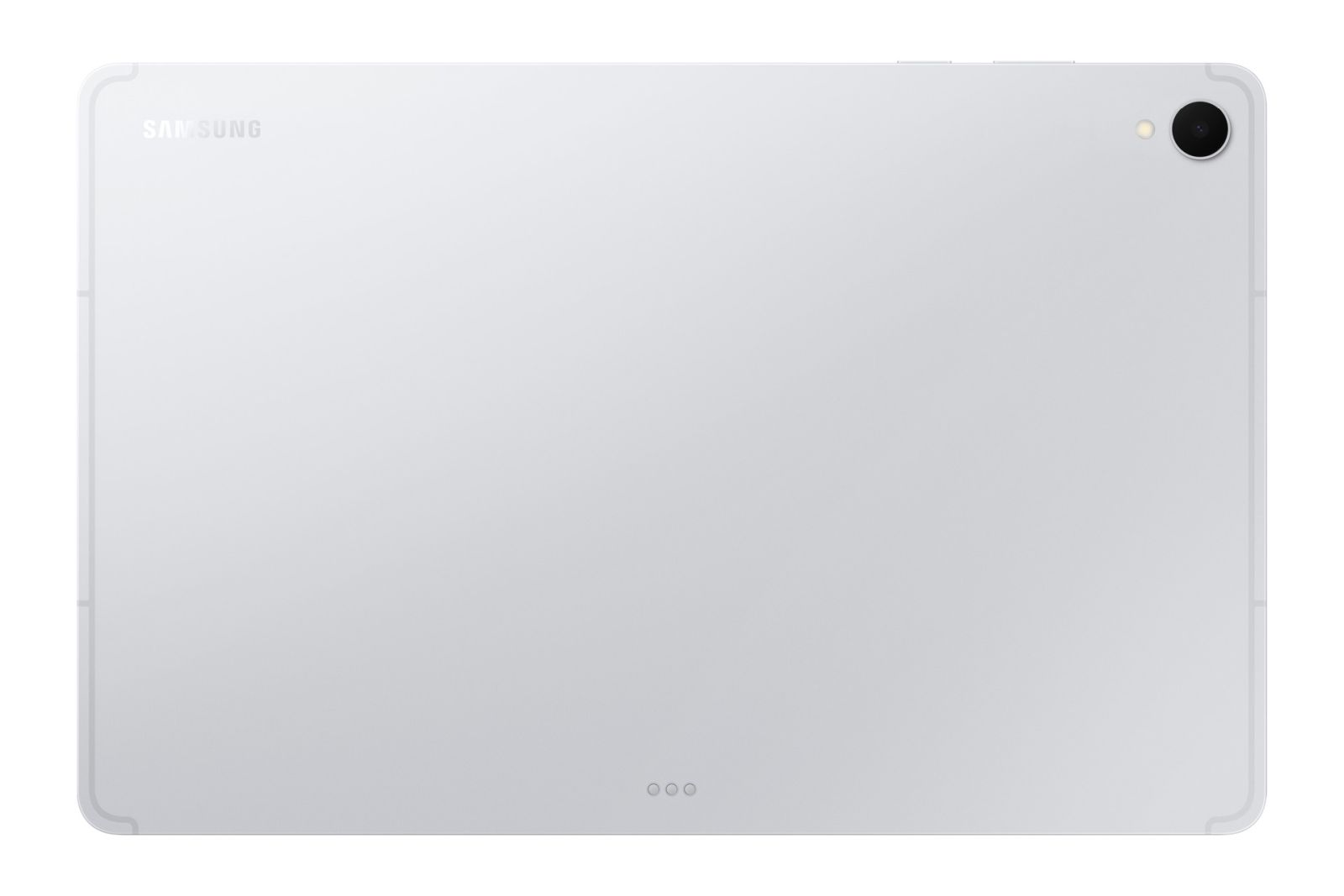 Die Rückseite eines silbernen Samsung-Tablets mit einer Kamera oben rechts und dem Markenlogo.