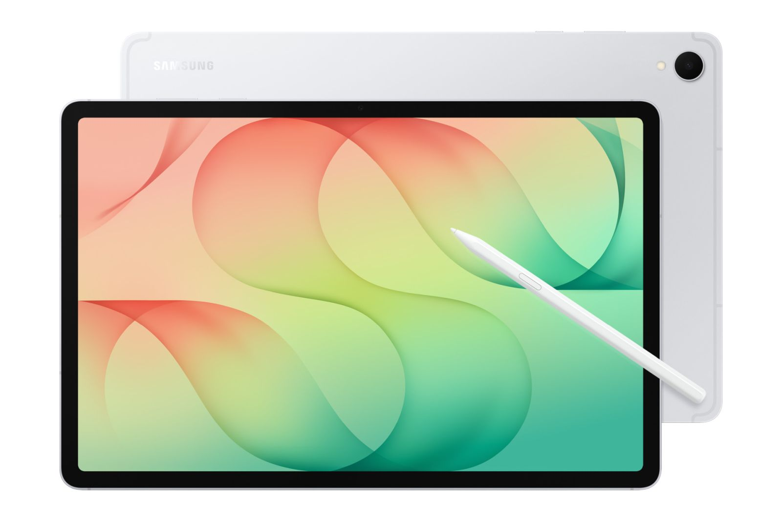Ein weißes Samsung-Tablet mit Stift zeigt ein buntes Farbverlauf-Hintergrundbild.