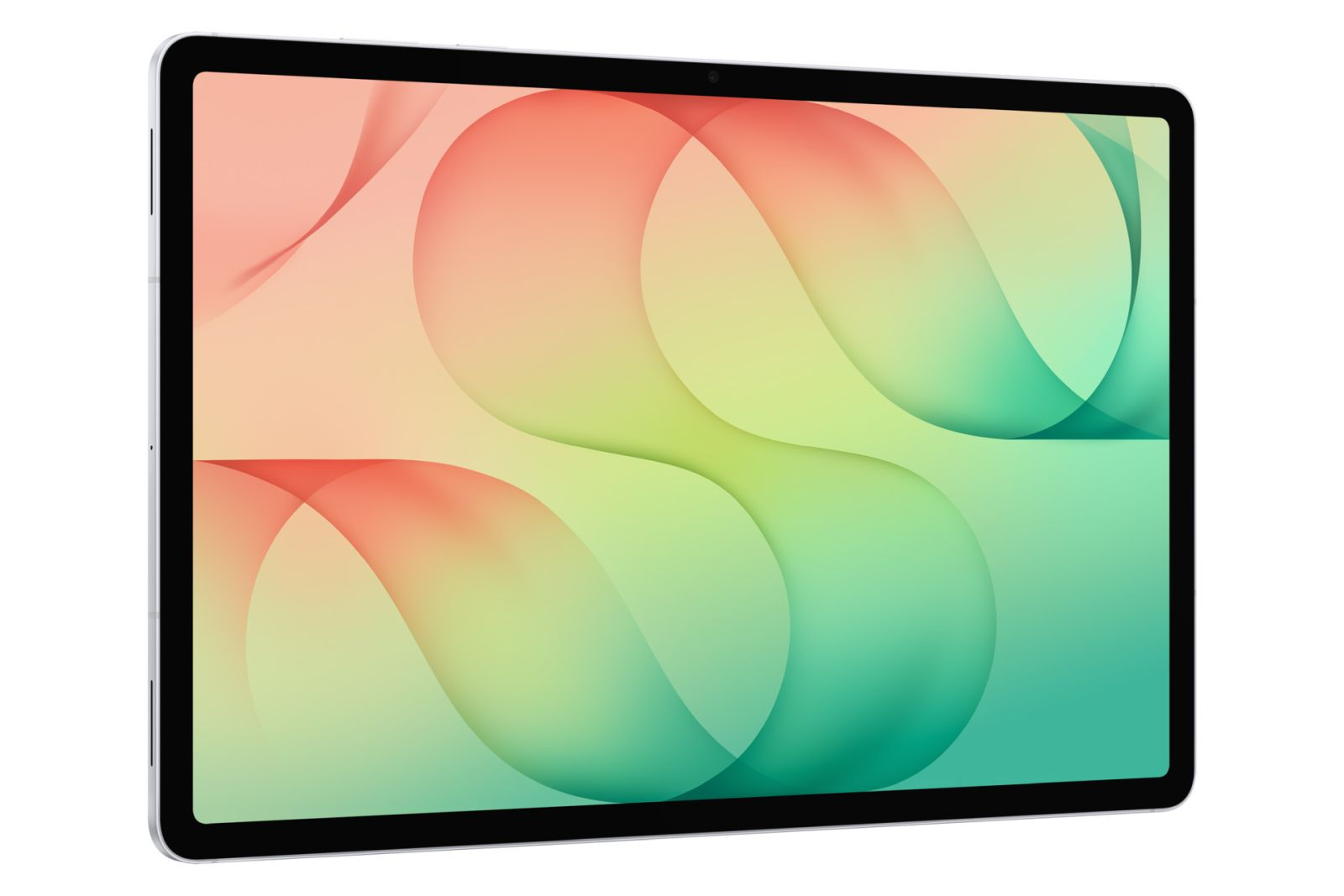 Ein Tablet mit einem bunten abstrakten Hintergrund aus überlappenden roten, gelben und grünen Kurven.