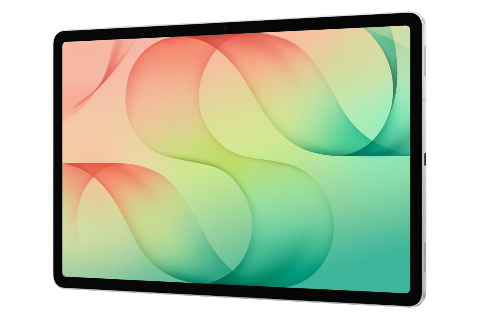 Ein Tablet mit einem bunten abstrakten Hintergrund aus Farbverlaufswellen in Orange, Gelb und Grün.
