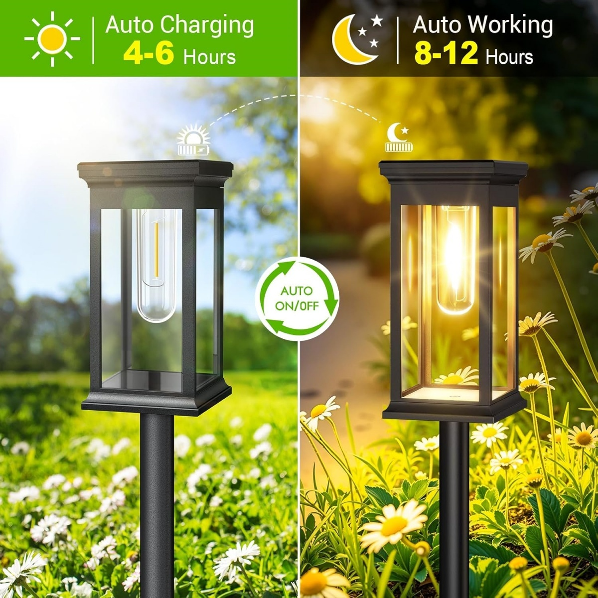 Solar-Gartenleuchte lädt tagsüber und leuchtet nachts hell in einem Feld aus weißen Blumen.