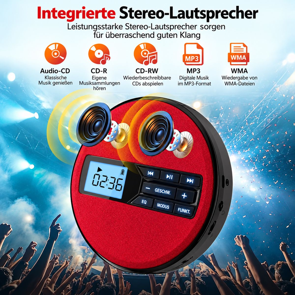 Roter CD-Player mit Stereolautsprechern und Display vor einer Konzertbühne mit Publikum.