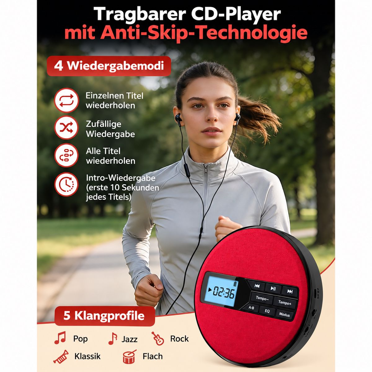 Eine Frau joggt im Freien mit Kopfhörern. Unten rechts ist ein roter CD-Player abgebildet.