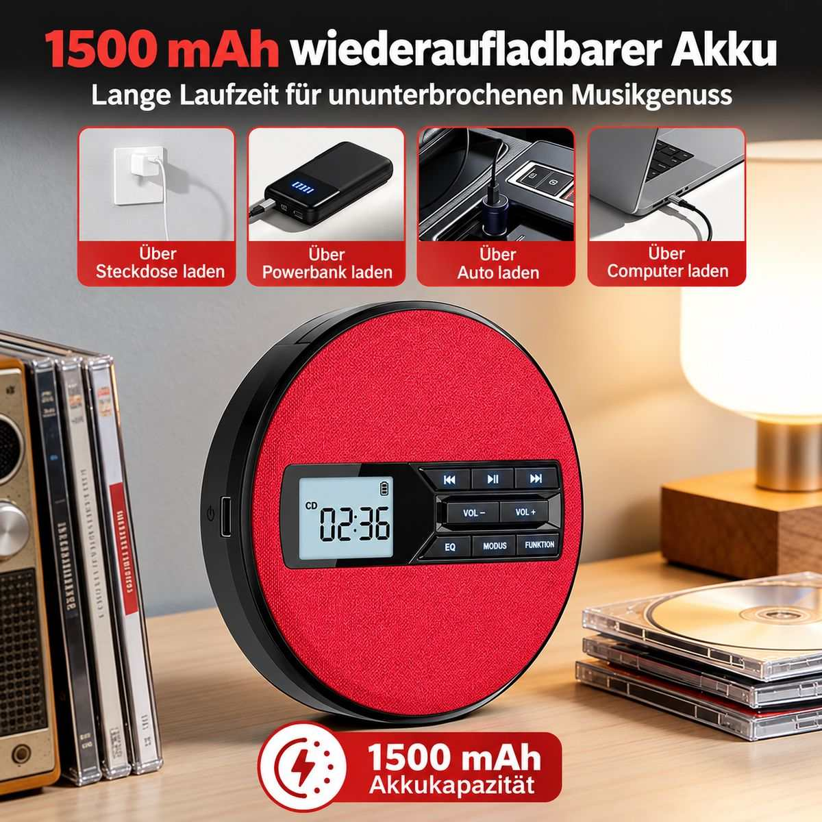 Roter CD-Player mit Digitalanzeige, Tasten und Symbolen für verschiedene Lademöglichkeiten.