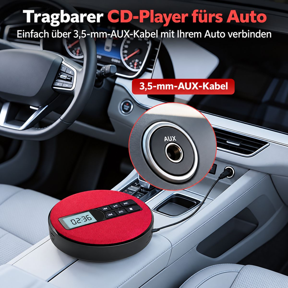 Tragbarer roter CD-Player mit AUX-Kabel im Auto angeschlossen.