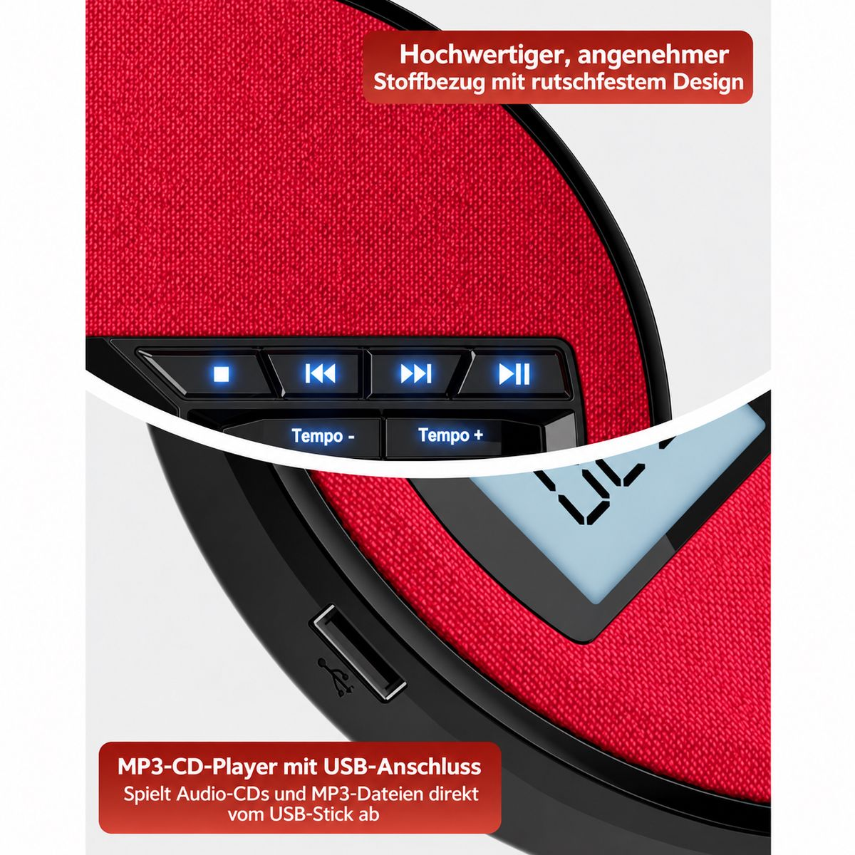 Nahaufnahme eines roten MP3-CD-Players mit USB-Anschluss, beleuchteten Tasten und Stoffbezug.