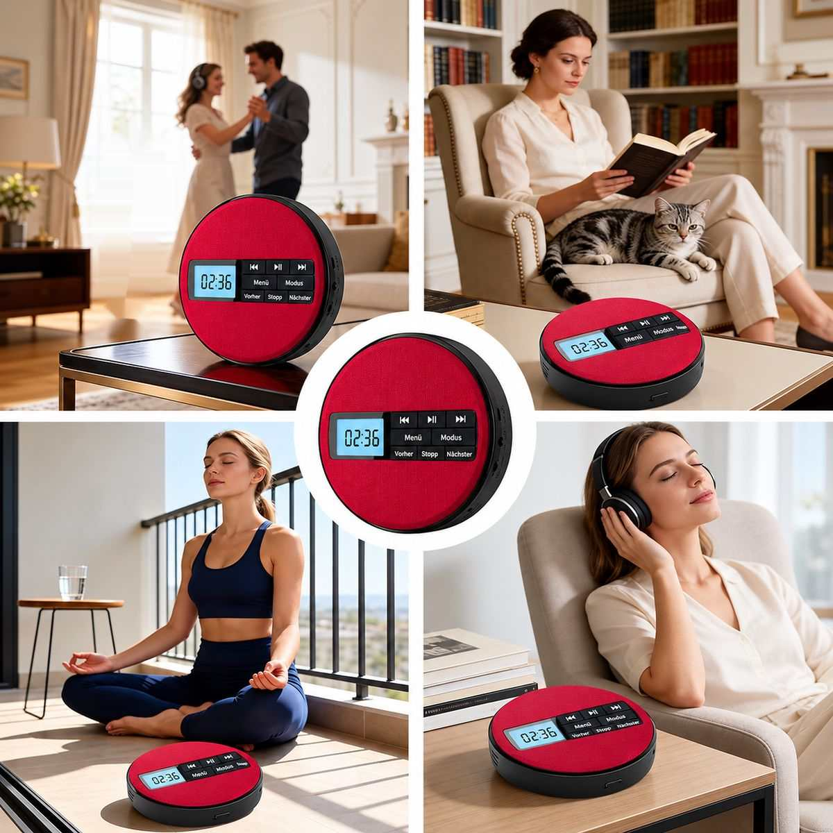 Roter, tragbarer CD-Player mit Digitalanzeige und Tasten, in verschiedenen Wohnszenen gezeigt.