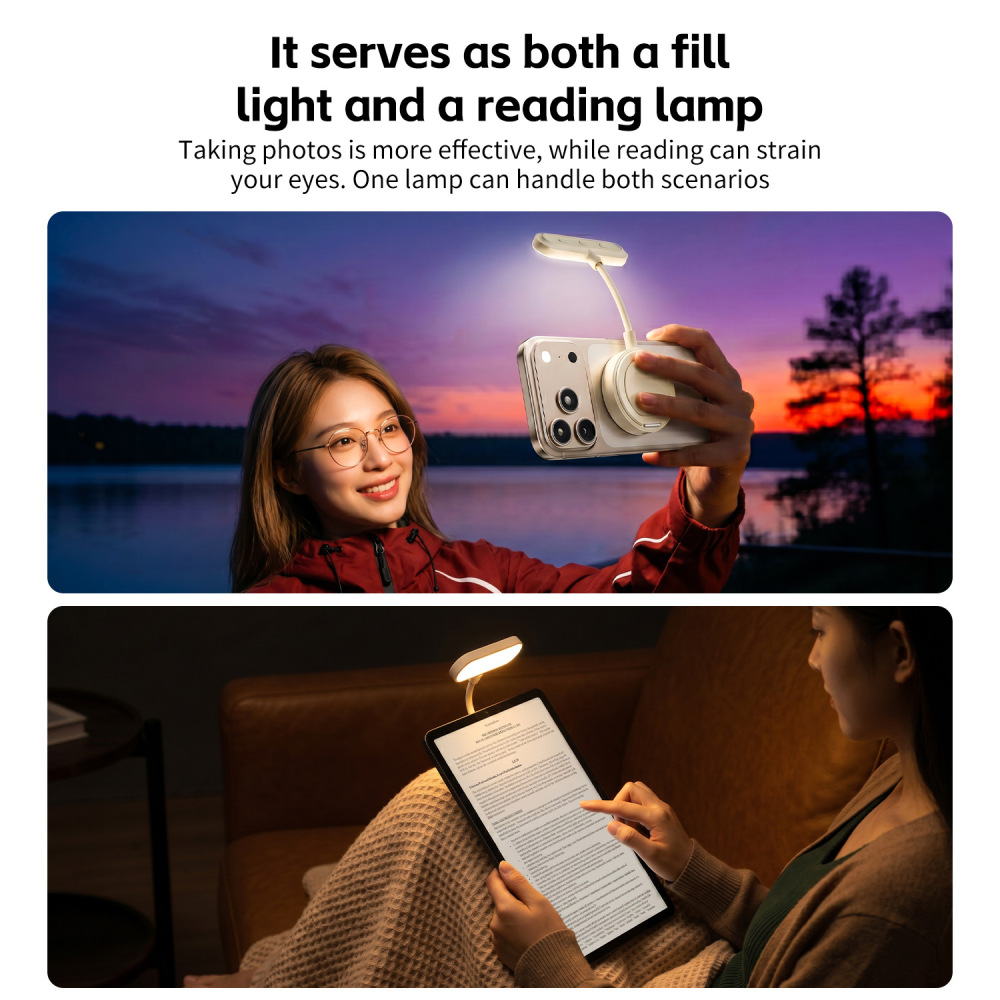 Eine Lampe dient als Aufnahmelicht für ein Handy und als Leselampe für ein Tablet.