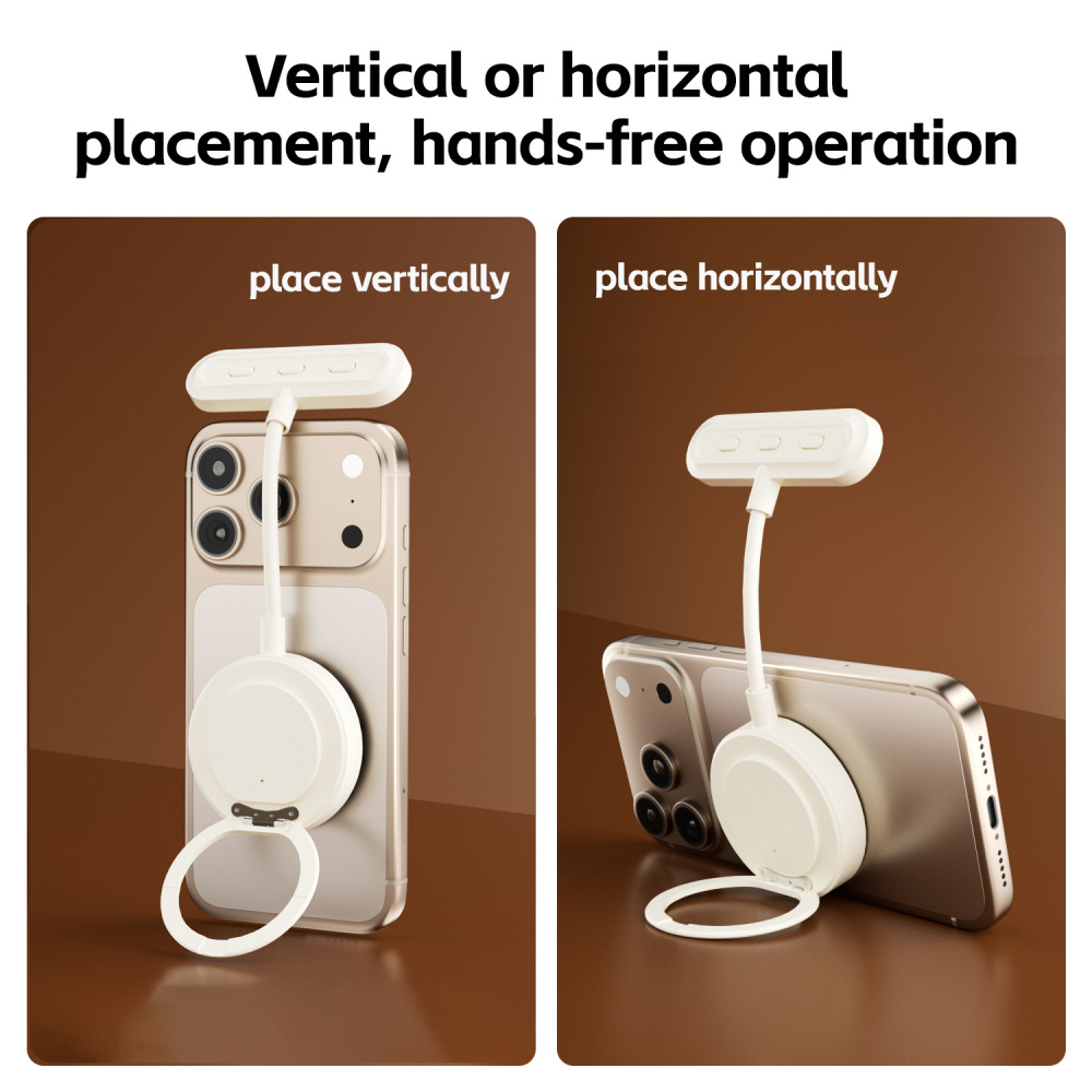 Zwei Abbildungen zeigen ein beiges Smartphone mit vertikalem oder horizontalem Ständer und integrierter Beleuchtung.